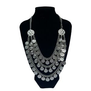 3 Layer Frilled Coin Necklace Silver Metal Gypsy Tribal Jewelry Boho Indian